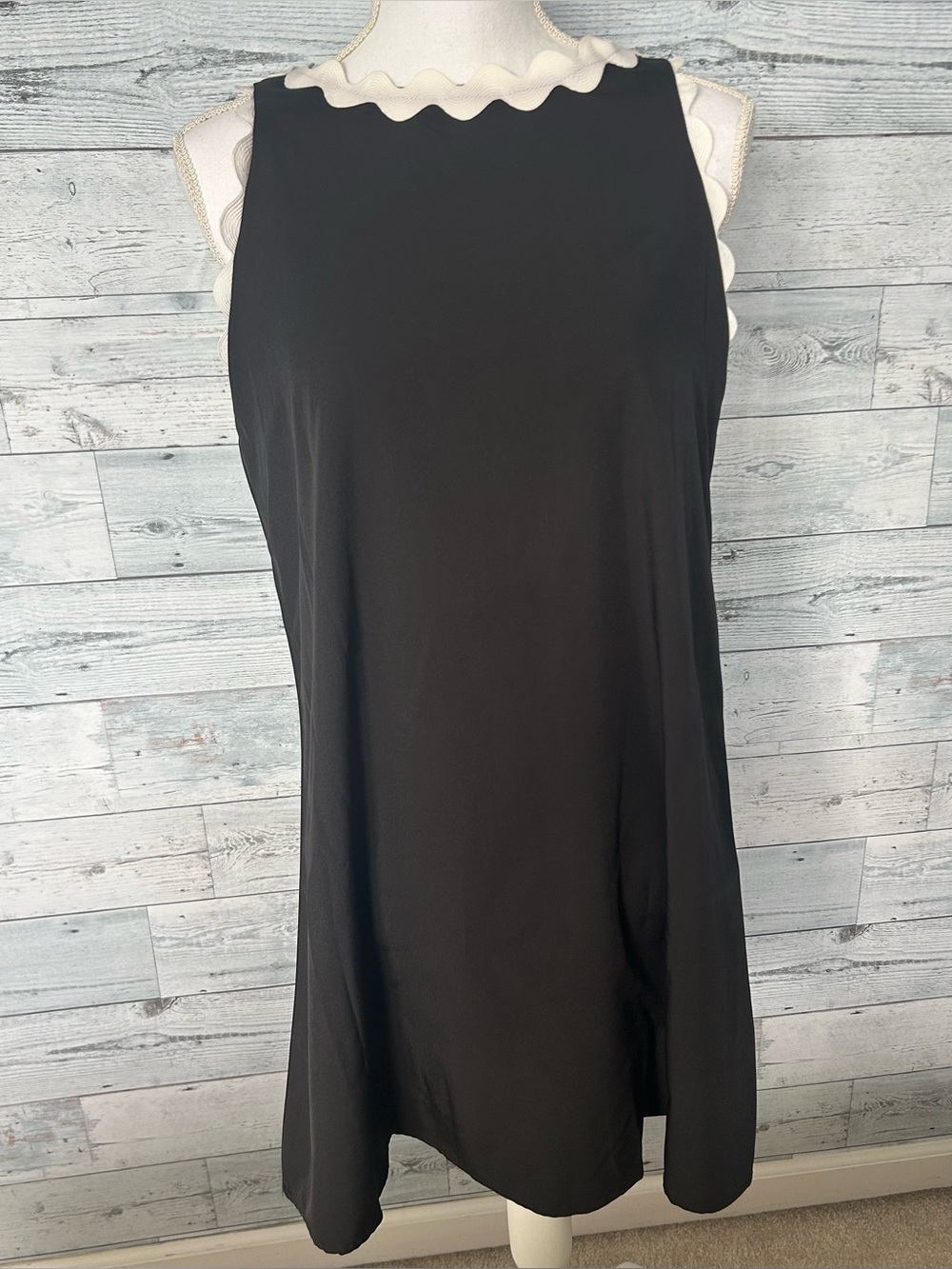 Sleeveless Black Mini Dress with Scallop Trim